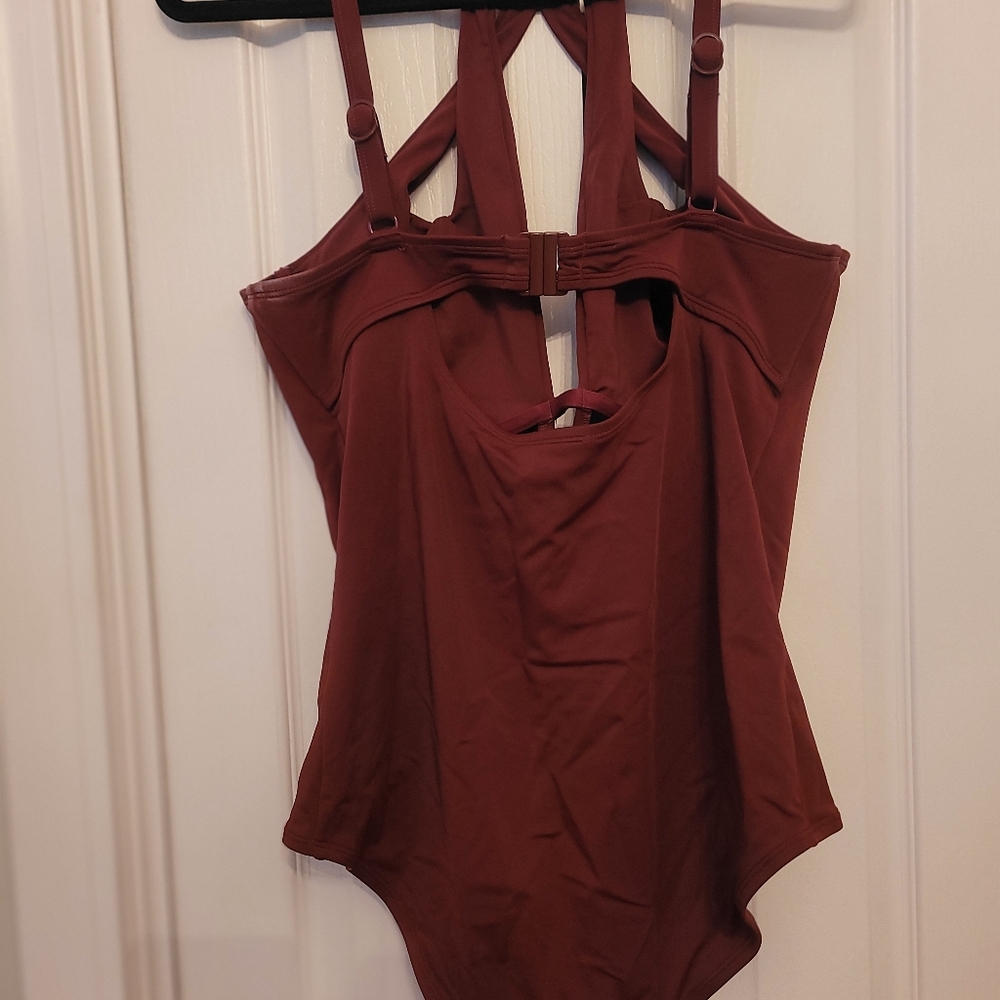 Cut Out Burgandy Fitted Bathing Suit (XS Plus = Size 14 Womens)